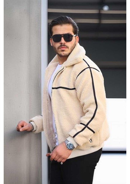 Içi Astarlı Şerit Detaylı Peluş Erkek Mont - Ekru modelleri