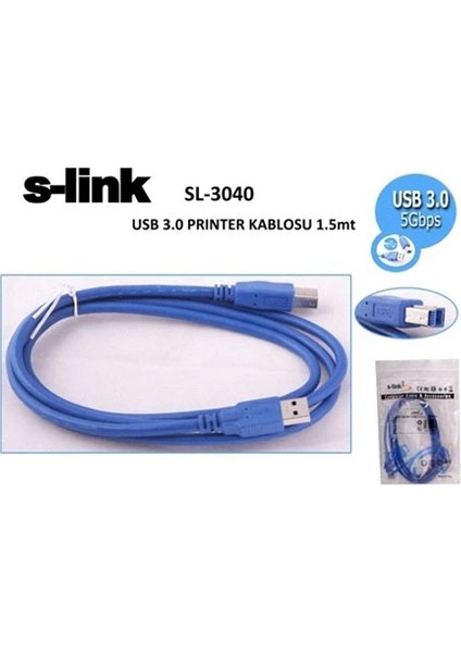 S-Lınk SL-3040 USB 3.0 A Tip B Tip Yazıcı Kablosu ( 1.5 Metre )