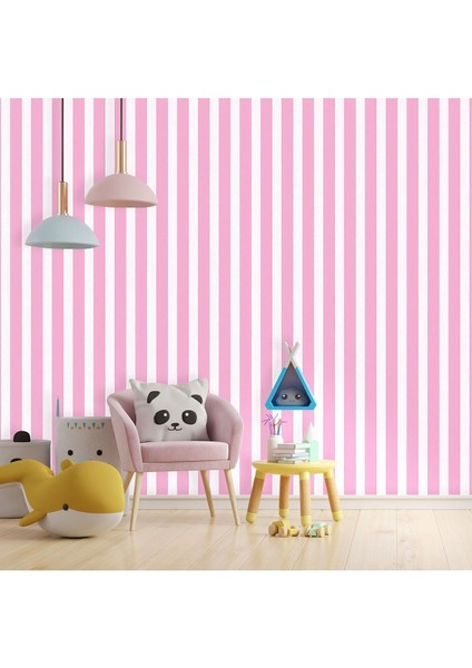 Duvar Kağıdı Pembe Beyaz Çizgili Desenli Silinebilir Genç Odası Tekstil Duvar Kağıdı