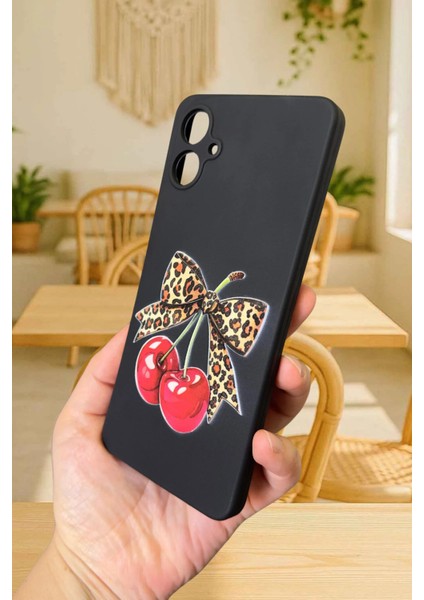 Samsung Galaxy A07 Uyumlu Kirazlı Leopar Fiyonk Desenli Silikon Darbe Emici Rubber Kılıf modelleri