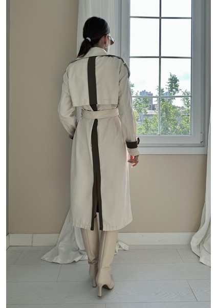 Bej Haki Arkası Çizgili ve Kemerli Trençkot fırsatları