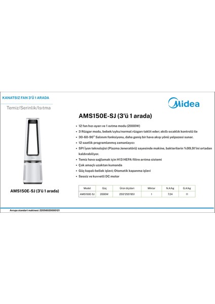 Mıdea AMS150E-SJ Hava Temizleyici ve Isıtıcı ( 3'ü Bir Arada ) fiyatları