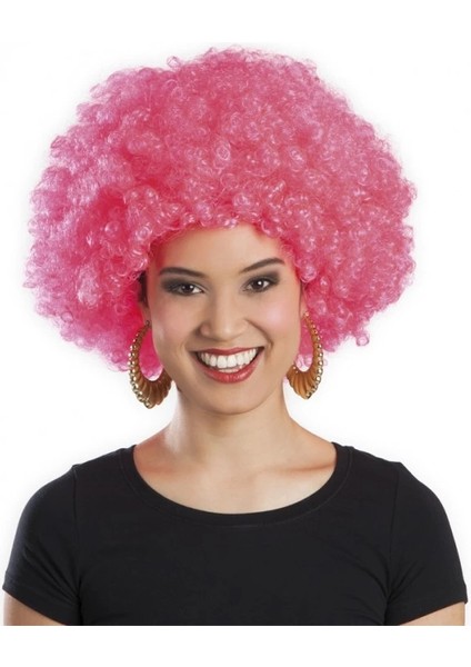 Pembe Renk Kıvırcık Afro Bonus Peruk
