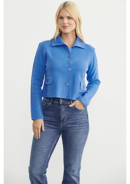 Düğmeli Cep Detaylı Triko Ceket - Mavi