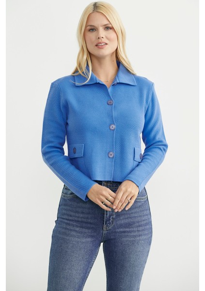 Düğmeli Cep Detaylı Triko Ceket - Mavi fiyatları