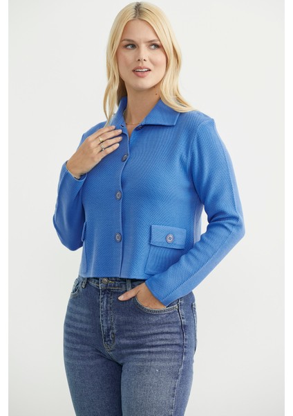 Düğmeli Cep Detaylı Triko Ceket - Mavi modelleri