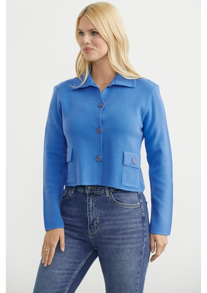 Düğmeli Cep Detaylı Triko Ceket - Mavi fırsatları