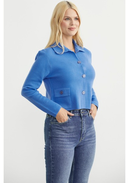Düğmeli Cep Detaylı Triko Ceket - Mavi indirimleri