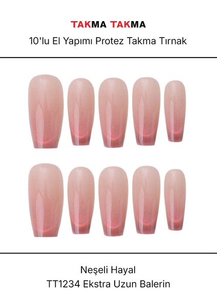 10'lu Pembe Uzun Balerin TT1234 Tekrar Kullanılabilir El Yapımı Protez Takma Tırnak - Pembe-XS