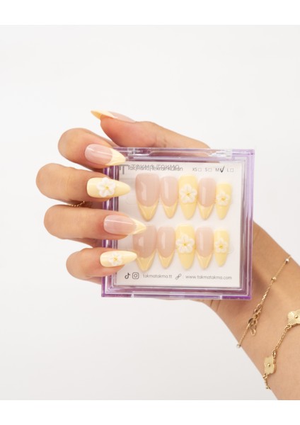 10'lu Sarı Uzun Badem TT1370 Tekrar Kullanılabilir El Yapımı Protez Takma Tırnak - Sarı-S