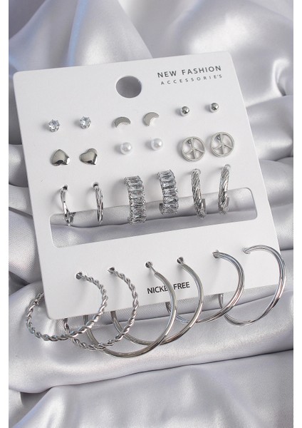 Pirinç Gümüş Renk Zirkon Taş Detaylı 12 Çift Kadın Küpe Seti - TJ-BKP9682