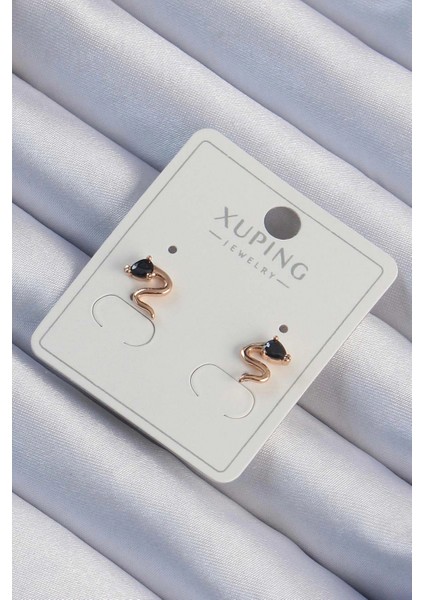 Xuping Rose Renk Siyah Zirkon Taşlı Kıvrımlı Küpe - TJ-BKP9443