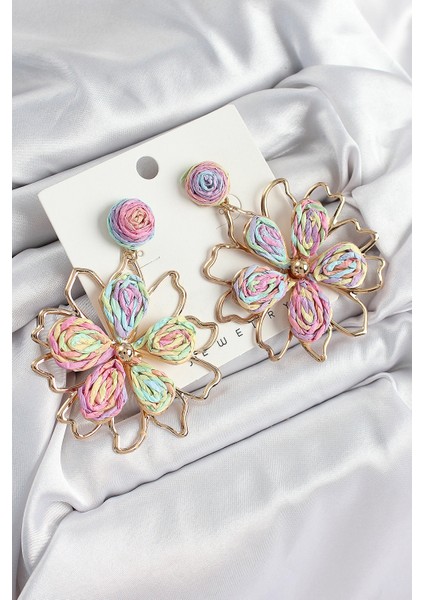 Pirinç Rainbow Çiçek Model Gold Renk Kadın Hasır Küpe - TJ-BKP10889