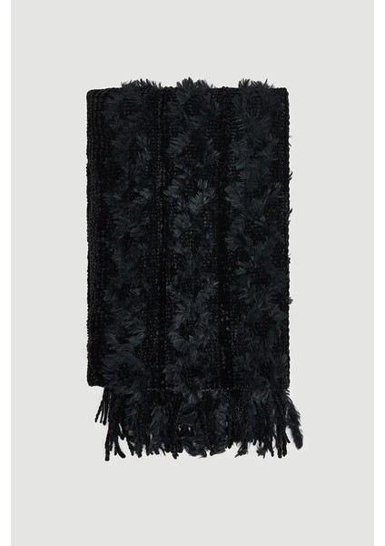 Püsküllü Örgü Şal - Siyah