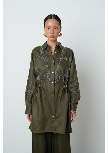 Kadın Boncuk Işlemeli Belden Büzgülü Çıtçıt Kapamalı Ceket