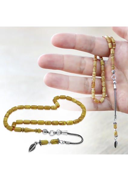 Ateş Kehribar Tesbih - 925 Ayar Gümüş Zincir Püsküllü - Mini Boy - Sarı Beyaz Renk - Kapsül Kesim fiyatları