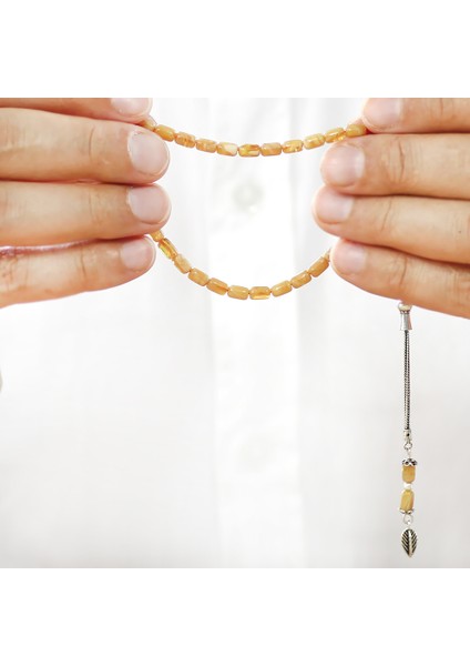 Ateş Kehribar Tesbih - 925 Ayar Gümüş Zincir Püsküllü - Mini Boy - Sarı Beyaz Renk - Kapsül Kesim fırsatları