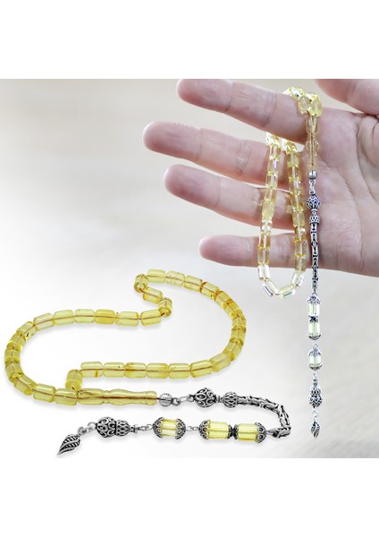 925 Ayar Gümüş Kral Zincir Püsküllü Tombul Kapsül Kesim Soft Sarı Doğal Damla Kehribar Tesbih fiyatları