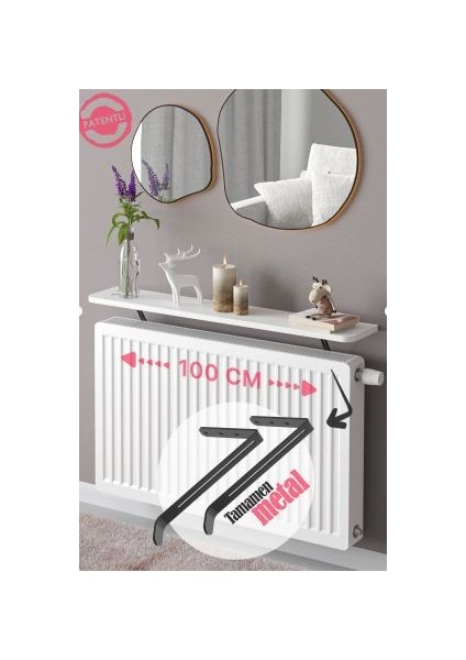 Montajsız Petek Üstü Uçan Raf Dresuar Kalorifer Peteği Rafı Kitaplık 100 x 18 cm Beyaz Oval Kesim