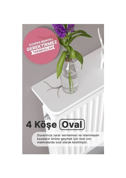 Montajsız Petek Üstü Uçan Raf Dresuar Kalorifer Peteği Rafı Kitaplık 100 x 18 cm Beyaz Oval Kesim fırsatları