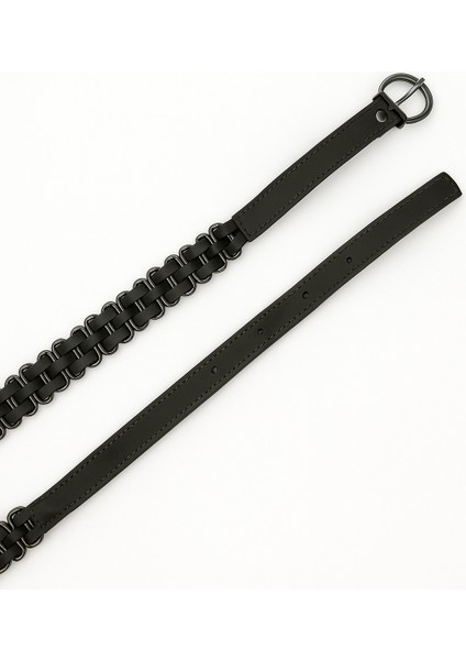 Kadın Suni Deri Zincir Örgü Detaylı Kemer – Metal Halkalı Şık ve Trend Model