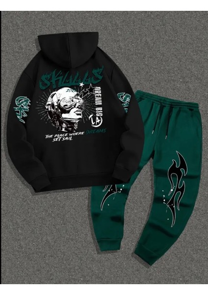 Büyük Beden Özel Tasarım Kapüşonlu Dream Bıg Sırt Baskılı Hip Hop Kışlık Erkek Eşofman Takımı