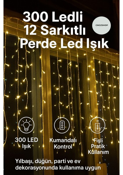 300 Ledli 12 Sarkıtlı Perde LED Işık – Kumandalı, Fişli, Sıcak Sarı