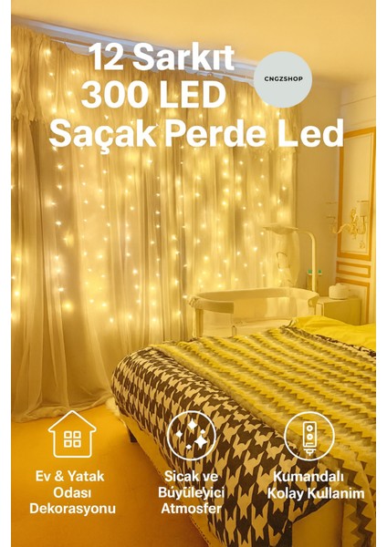 300 Ledli 12 Sarkıtlı Perde LED Işık – Kumandalı, Fişli, Sıcak Sarı fiyatları