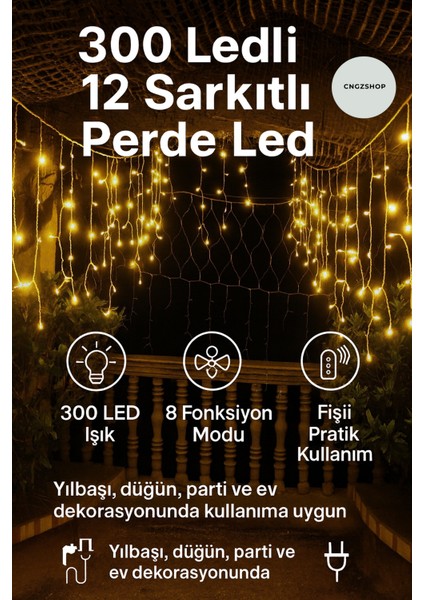 300 Ledli 12 Sarkıtlı Perde LED Işık – Kumandalı, Fişli, Sıcak Sarı modelleri