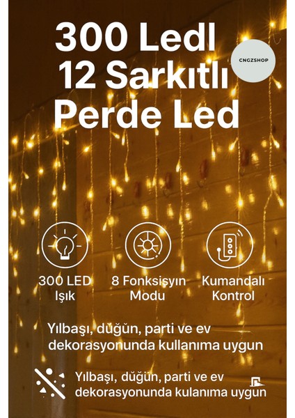 300 Ledli 12 Sarkıtlı Perde LED Işık – Kumandalı, Fişli, Sıcak Sarı fırsatları