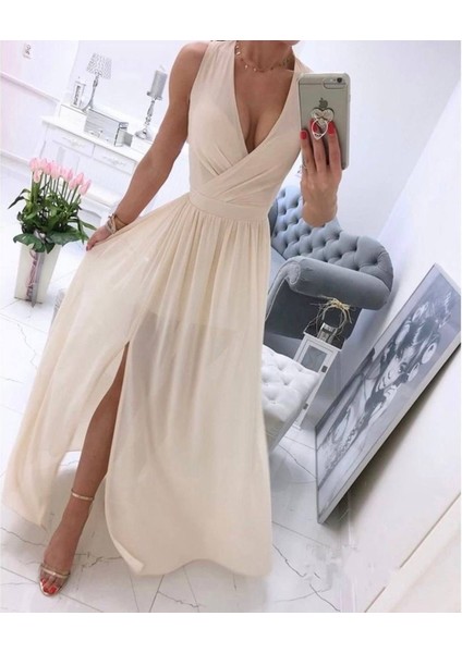 Kadın Şifon Kumaş V Yaka Sıfır Kol Maxi Boy Elbise
