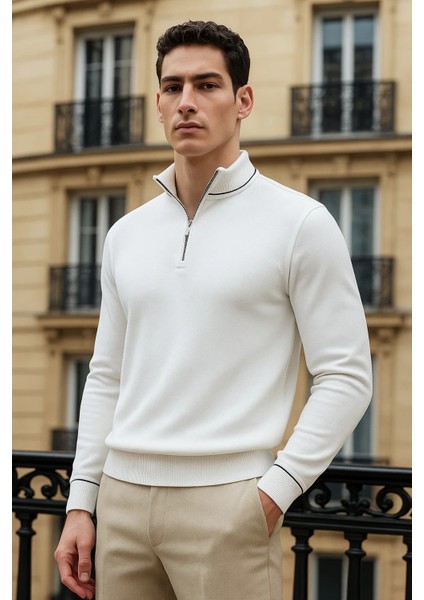 Erkek Trend Fermuarlı Beyaz Uzun Kollu Polo Yaka Tişört