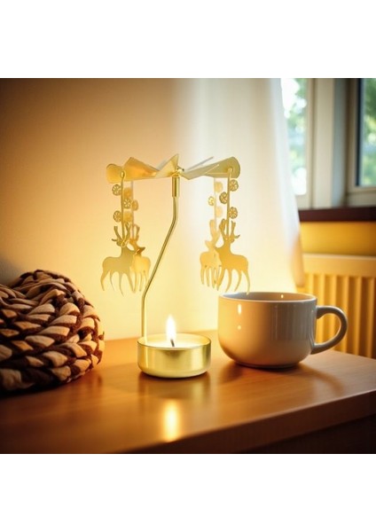 Altın Renk Dönme Efektli Geyik Figürlü Mumluk – Isıyla Dönen Dekoratif Tealight Mumluk