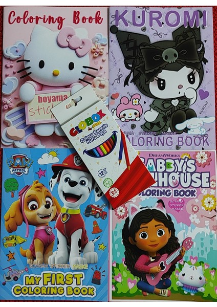4 Adet Stickerli Boyama Kitabı 12 Li Kuru Boya Kalemi Hediyeli (Hello Kitty/kuromi/gabbys/paw P)X27