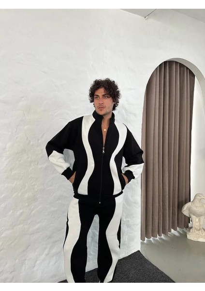 Erkek Premium Parçalı Eşofman Takım - Dik Yaka Fermuarlı Sweatshirt, - Siyah