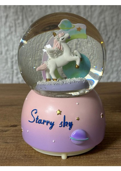Unicorn Temalı Işıklı Müzikli Kar Püskürtmeli Orta Boy Pilli Kar Küresi