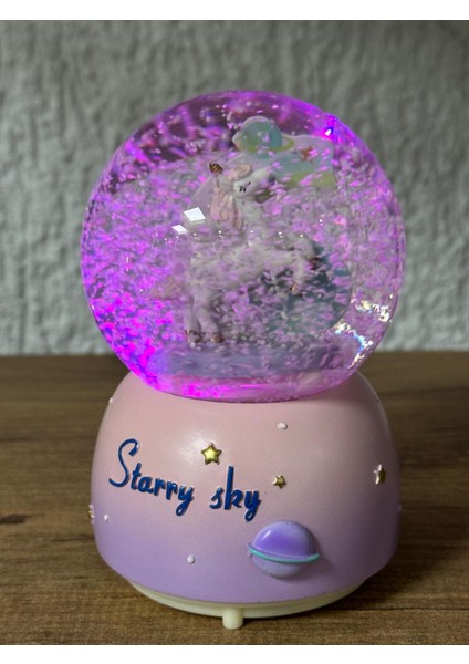 Unicorn Temalı Işıklı Müzikli Kar Püskürtmeli Orta Boy Pilli Kar Küresi modelleri