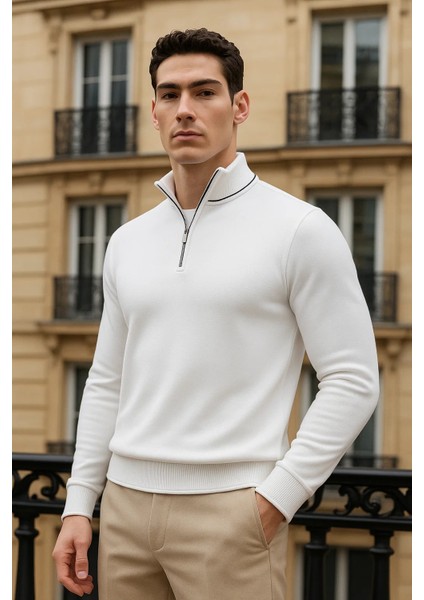 Erkek Trend Fermuarlı Beyaz Uzun Kollu Polo Yaka Tişört fiyatları