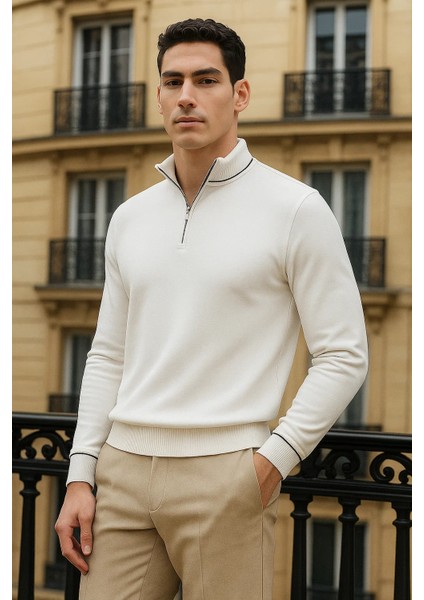 Erkek Trend Fermuarlı Beyaz Uzun Kollu Polo Yaka Tişört modelleri