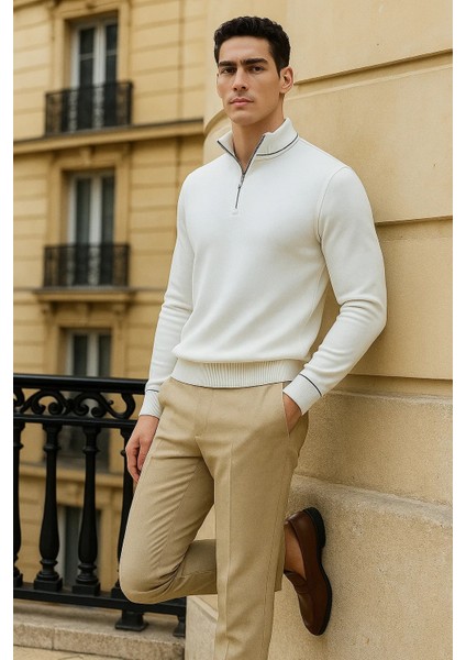 Erkek Trend Fermuarlı Beyaz Uzun Kollu Polo Yaka Tişört fırsatları