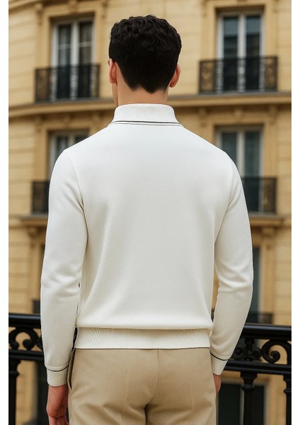 Erkek Trend Fermuarlı Beyaz Uzun Kollu Polo Yaka Tişört