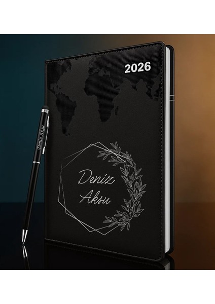 Kişiye Özel Isimli Termo Sert Kapak 2026 Siyah Ajanda & Kalem -9, Öğretmenler Günü Hediyesi, Yeni Iş Hediyesi