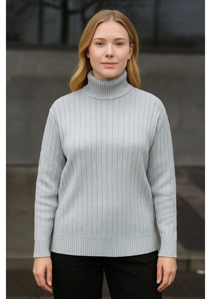 Kadın Balıkcı Yaka Bağazlı Triko Kazak Pamuklu Kalın Fitilli Dokuma - Gri modelleri