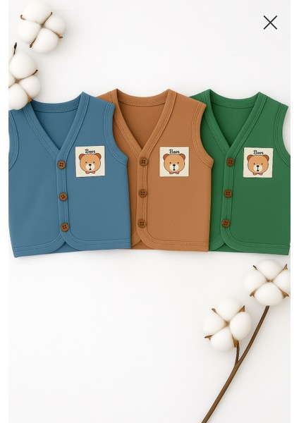 %100 Pamuk Bebek Penye Yelek 3'lü Set / Kız Erkek Unisex
