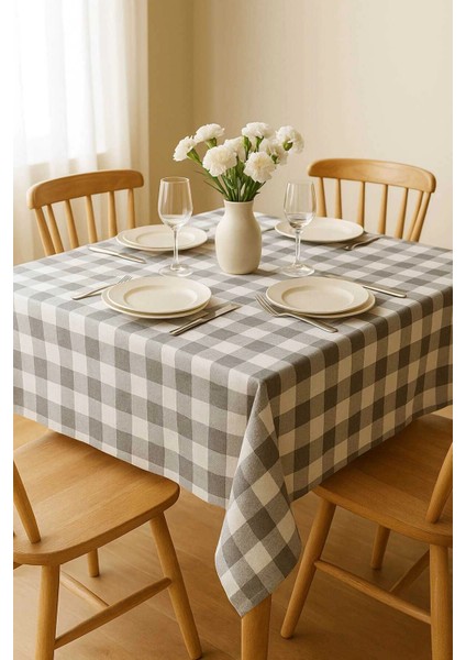 Fiber Kareli Masa Örtüsü Sofra Bezi Ekose Desen 160X160 cm Gri