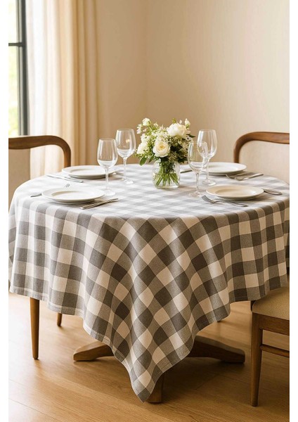 Fiber Kareli Masa Örtüsü Sofra Bezi Ekose Desen 160X160 cm Gri fiyatları