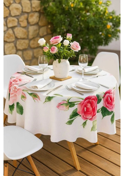 Yuvarlak Gül Desenli Duck Kumaş Masa Örtüsü 150X150 cm