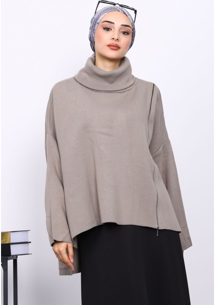 Açık Haki Balıkçı Yaka Fermuarlı Triko Kazak