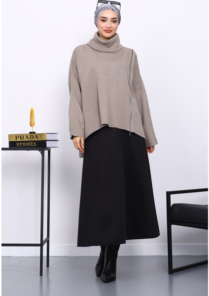 Açık Haki Balıkçı Yaka Fermuarlı Triko Kazak fiyatları