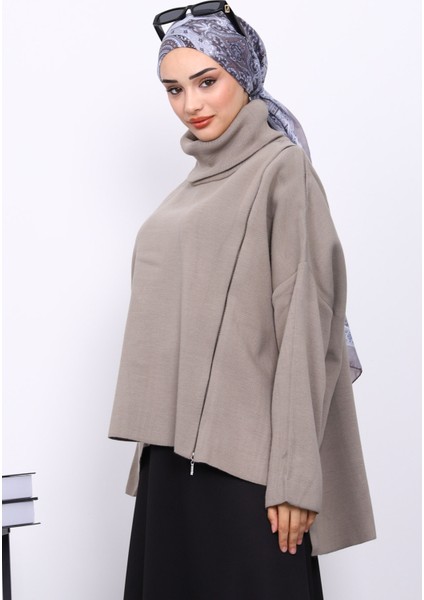 Açık Haki Balıkçı Yaka Fermuarlı Triko Kazak modelleri